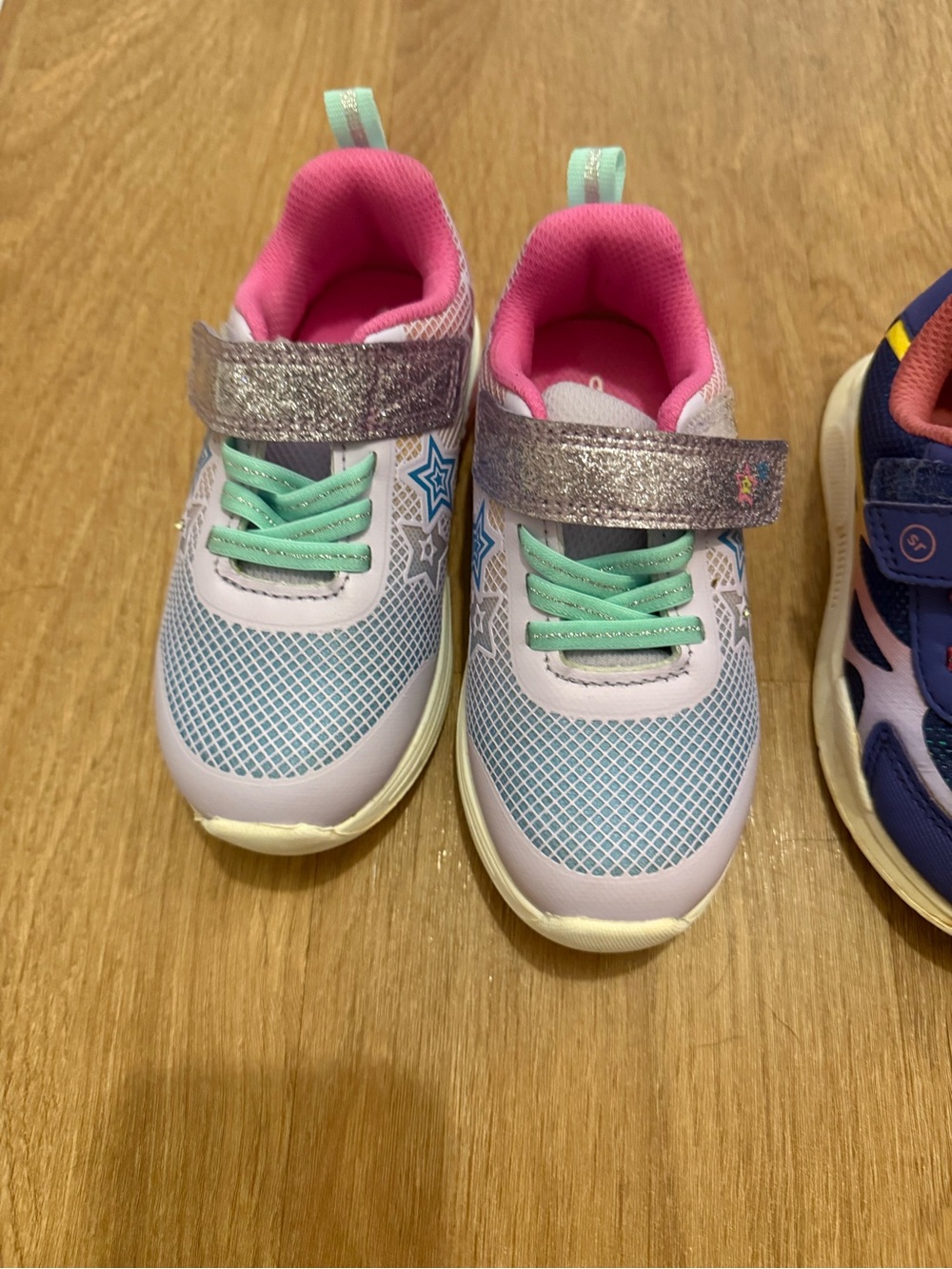 Kids Light Blue & Pink Glitter Strap Sneakers with Mint Laces